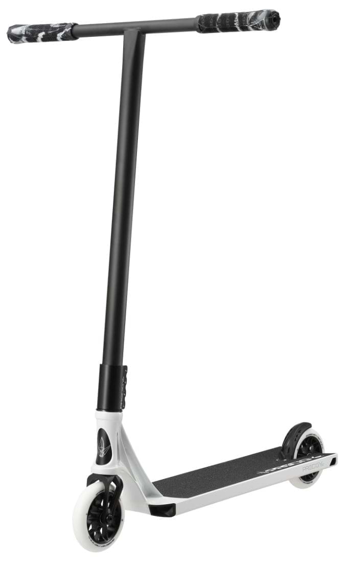 The Blunt Envy Prodigy X Street Edition Complete Stunt Scooter in white features a stylish design with a black T-bar handle, a white deck, and black wheels. It includes grips with a monochrome pattern and enhanced aluminium box ends for added durability.