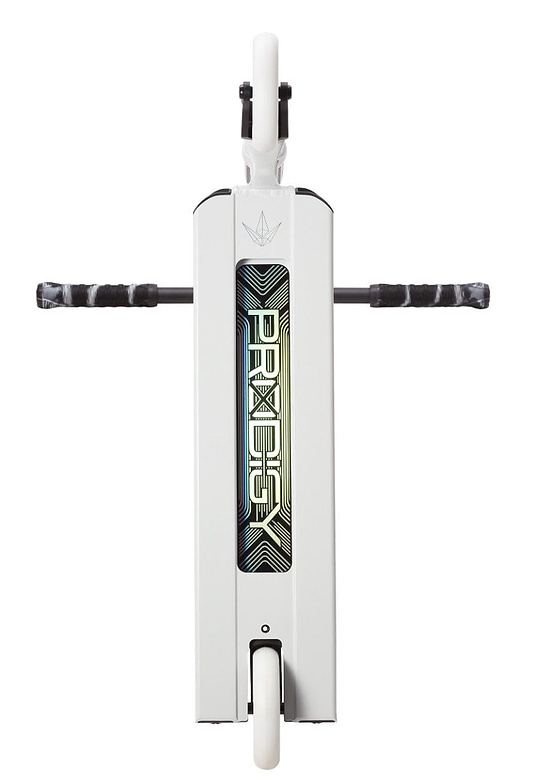 Top view of a sleek, white stunt scooter with black handlebars extending sideways. The logo "Blunt Envy Prodigy X Street Edition" is prominently displayed along the frame enhanced by sophisticated Extech extrusion. The wheels are positioned at the top and bottom of the image.