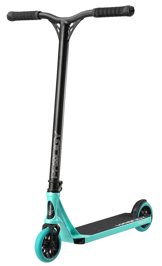 The Blunt Envy Prodigy X Complete Stunt Scooter in Teal features "Prodigy" on the handlebar. It showcases a stylish black grip tape deck with two wheels, where the front wheel is slightly visible and incorporates Extech extrusion technology for improved durability.