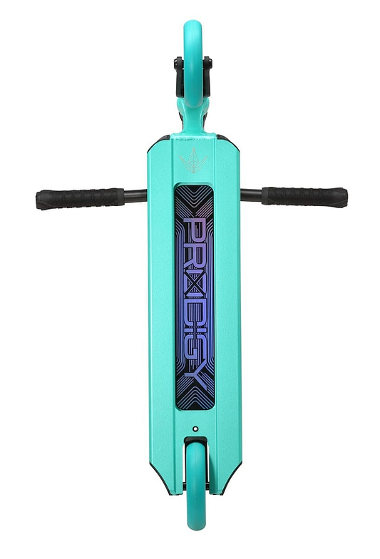 Top view of a teal Blunt Envy Prodigy X complete stunt scooter featuring a geometric design on the deck. The word "PRODIGY" is prominently displayed in bold letters. The horizontally extended handlebars and both wheels are clearly visible, highlighting the sleek design of this complete scooter by Blunt Envy.