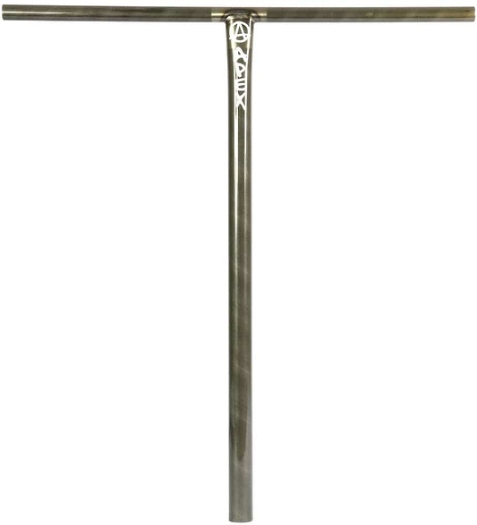 The Apex XXL Steel Oversized SCS Stunt Scooter T-Bars showcase a street-style design with a robust T-shaped handlebar forged from durable 4130 Chromoly Steel. They have a textured finish and feature a decorative logo at the intersection, offering a straightforward yet industrial look.