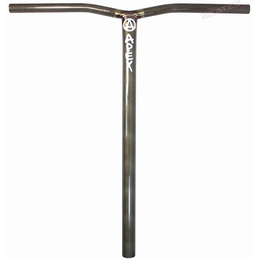 The image features a Y-bar design scooter handlebar in a clear raw finish, expertly crafted from durable 4130 Chromoly Steel. The brand name "Apex" is elegantly displayed vertically in white, while the logo is prominently featured at the intersection of the bars, showcasing the renowned quality of the Apex Bol Steel Oversized HIC Stunt Scooter Bars.