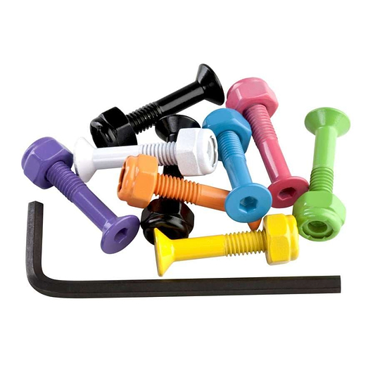 The Enuff Allen Key Skateboard Truck Bolts - 1" Multi set features a vibrant assortment of colored bolts and nylon lock nuts in shades of purple, orange, white, black, green, pink, blue, and yellow. Accompanied by a black hex key and neatly arranged on a white background, this collection is perfect for skateboard trucks or any colorful DIY project.