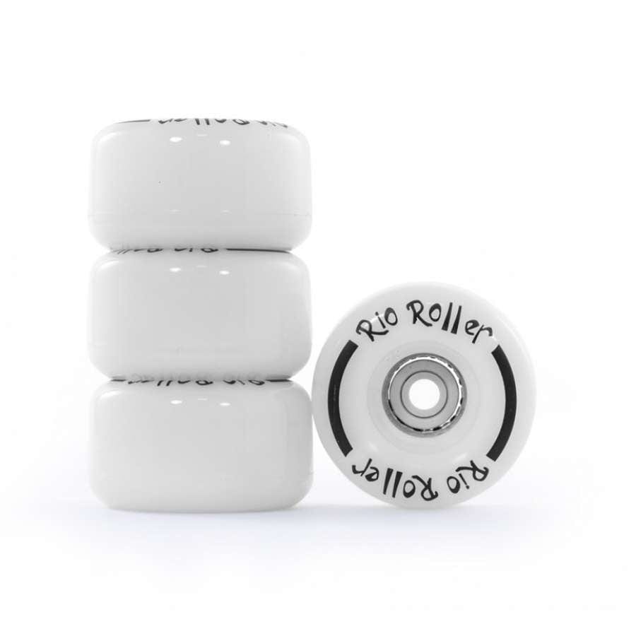 Four sleek white Rio Roller Light Up 82A Quad Skate Wheels - White Frost are arranged with three stacked vertically and one positioned horizontally in front. The wheels feature the "Rio Roller" text printed in black, adding a touch of minimalistic elegance.
