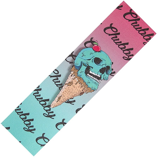 Introducing the Chubby Stunt Scooter Griptape - Whippy: This vibrant griptape features a colorful gradient background with the bold "Chubboy" text. The design showcases an ice cream cone adorned with a turquoise skull scoop and topped with a cherry, ensuring your scooter ride catches eyes while remaining grippy and durable at the skatepark.