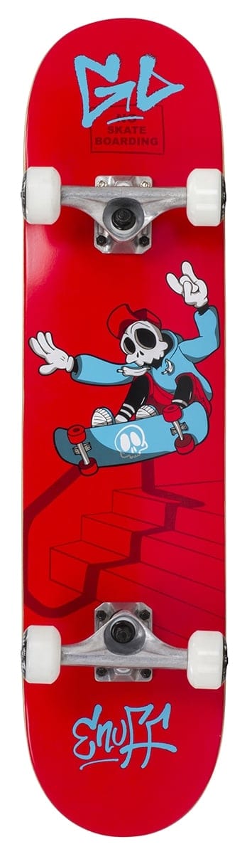 The Enuff Skully Red Complete Skateboard - 7.75" x 31.5" from Enuff features a 7-ply maple deck in red, complemented by white wheels. The design includes a cartoon character dressed in a blue outfit and red hat, giving a peace sign while skating. It's ideal for entry-level skateboarders, highlighting graphic designs with stylized text in blue and white.