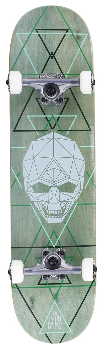 The Enuff Geo Skull Green Complete Skateboard - 8" x 32" features a 7-ply maple deck with a striking geometric skull design, showcasing green and white triangular patterns. It's fitted with silver Enuff Decade 139mm trucks and smooth white wheels for an exceptional riding experience.
