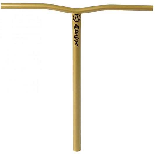 The Apex Bol Steel Oversized HIC Stunt Scooter Bars in gold feature a T-shaped design crafted from robust 4130 Chromoly steel with a sleek powder-coated finish. Sporting the "APEX" brand name and an anarchy symbol in black, these bars have a slightly angled top section to enhance grip and control.