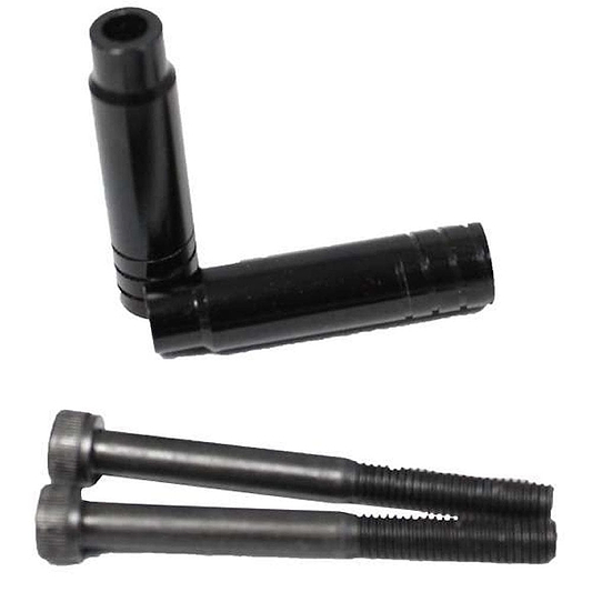 Against a white background, two black brackets and two black screws with threaded ends are displayed. These Dare Sports Mini Stunt Scooter Pegs by Dare are designed for versatility, featuring grooves on their surfaces for enhanced grip or adjustment, making them an ideal addition to any stunt scooter setup.