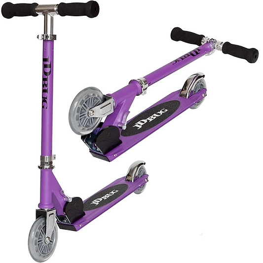 The JD Bug Junior Street MS100 Kids Foldable Kick Scooter in Matt Purple features black grips and wheels, a lightweight design, and a folding mechanism. It's showcased from two angles: side view and top view.