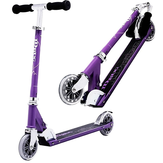 The JD Bug Classic Street 120 Kids Foldable Kick Scooter in Matt Purple has a sleek design with silver adjustable handlebars, black grips, silver wheels, and foot deck detailing. It's lightweight and shown against a white background in both folded and unfolded states.
