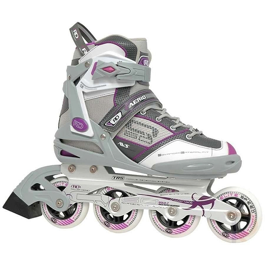 The Roller Derby Aerio Q-60 Inline Skates, in a stylish white design with purple accents, are ideal for roller derby enthusiasts. They include four wheels, a secure lacing system, a sturdy frame, and an adjustable strap for enhanced support and comfort.
