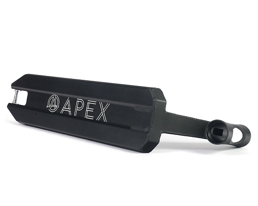 The Apex Pro Black Tapered Stunt Scooter Deck, measuring 5" x 19.3", showcases a sleek black design with the brand name "APEX" and a circular engraving on its side. This sturdy stunt scooter deck is crafted for easy wheel attachment, featuring a rear cutout.