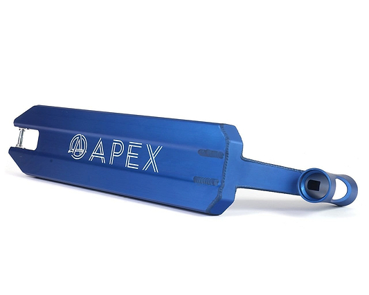 A blue Apex Pro Tapered Stunt Scooter Deck from the brand Apex, measuring 5" x 19.3", features the word "APEX" and a circular logo on top. This sturdy deck has a rectangular shape with angled edges and a mounting hole at one end, making it ideal for riders looking for dependable performance.