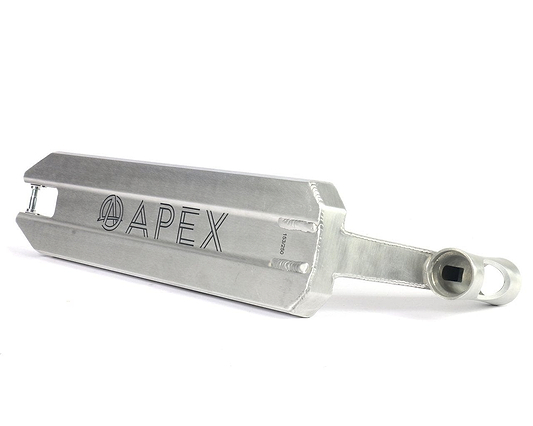The Apex Pro Raw Silver Tapered Stunt Scooter Deck, measuring 5" x 19.3", is a robust piece with "APEX" branding and a unique angular design, complete with wheel mounting areas and a handle connection point.