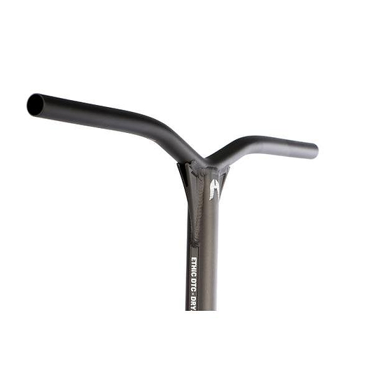 The Ethic DTC Dryade 67 Aluminium ICS/IHC Stunt Scooter Bars in black, measuring 670mm x 580mm, feature a central welded section, a subtle logo, and textured grip areas on both ends for a lightweight experience.
