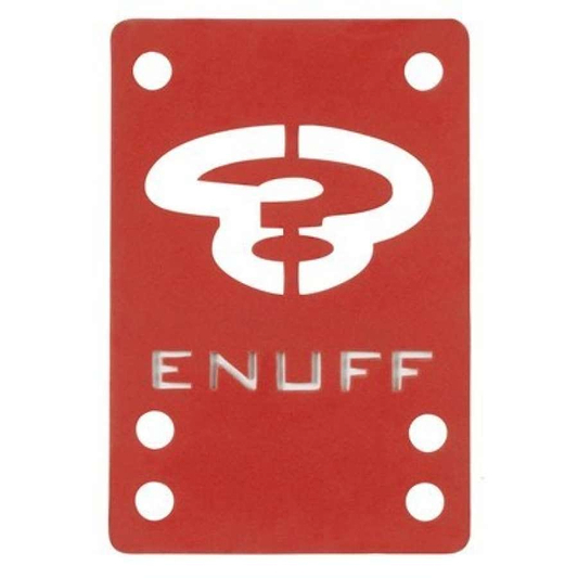The Enuff Skateboard Shock Pads in red feature a white stylized looped logo with the word "ENUFF" beneath. They have four mounting holes on each side, providing a comfortable ride and ensuring smoother and more controlled skating.