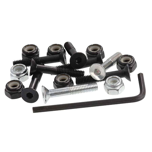 A custom setup featuring the Enuff Allen Key Skateboard Truck Bolts - 1" Black includes bolts, screws, and nylon lock nuts to ensure everything stays securely in place.