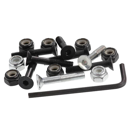 The Enuff Allen Key Skateboard Truck Bolts, measuring 1.25 inches and available in black, include a variety of screws, nuts, and an L-shaped hex key that are essential for any custom skateboard setup. These components are randomly arranged on a white background.