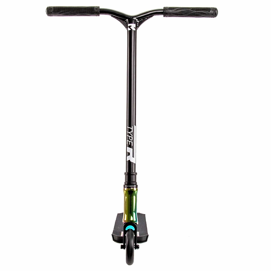 The Root Industries Type R Complete Stunt Scooter in Rocket Fuel Neochrome features a lightweight aluminum deck and wide handlebars, designed specifically for intermediate and advanced riders. This stylish, minimalistic scooter is engineered for performance and agility, emphasizing its distinctive single front wheel configuration.