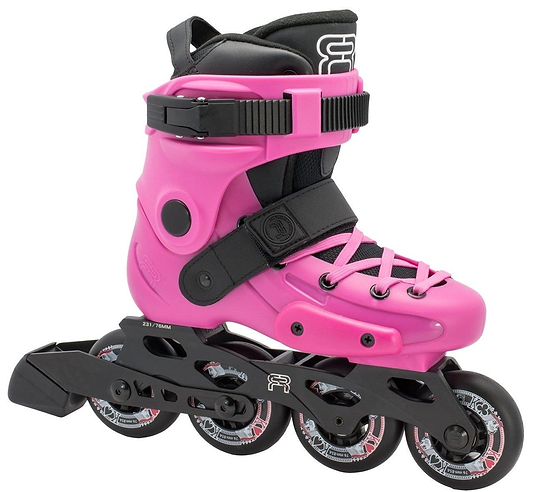 Introducing the FR Skates Junior Adjustable Inline Skates - Pink, perfect for aspiring freeriders. These stylish pink skates are equipped with black wheels and a secure black adjustable strap. Designed with Extruded Aluminium X-Series Frames by FR Skates, they provide excellent ankle support and come with laces and additional buckles for optimal safety.
