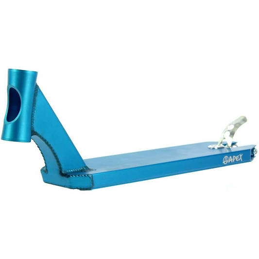 The Apex Pro Blue Stunt Scooter Deck from Apex, measuring 4.5" x 19.3", features a sleek, minimalist design with a cutout on the head tube and the brand's logo, showcasing its lightweight and streamlined structure. The scooter deck has an upward angle for enhanced performance.