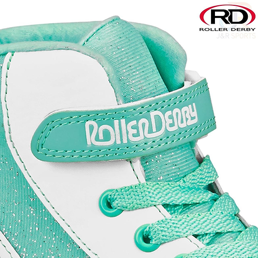 A close-up of the Roller Derby Firestar V2 Quad Roller Skates in white and teal showcases the teal laces and an ankle strap with the words "Roller Derby" printed on it. The skates feature polyurethane wheels, and a logo displaying "RD" alongside "Roller Derby J&R Sports" is positioned at the top right corner.