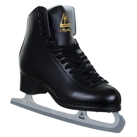 The Jackson Mystique 1592 Figure Ice Skates - Black feature a stylish black boot with a cozy lace-up design and a logo on the tongue. Fitted with polished chrome steel blades, these skates from Jackson seamlessly combine style and performance for figure skating enthusiasts.