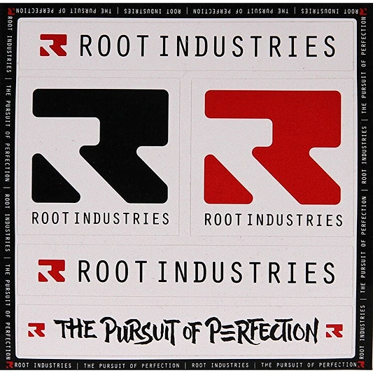 The image showcases design elements for Root Industries, prominently displaying their black and red logo. The text "Root Industries" and "The Pursuit of Perfection" is featured on a sticker sheet named Root Industries The Pursuit of Perfection Sticker Sheet. The layout is symmetrical with multiple logo designs, ideal for personalizing your scooter.
