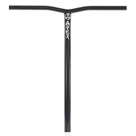 The Apex Bol XXL Steel Oversized SCS Stunt Scooter Bars in black feature a "Apex" logo and design at the top center. They're crafted from robust 4130 Chromoly Steel to ensure superior strength, measuring 673mm by 560mm.
