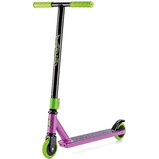 The Xootz Complete Stunt Scooter - Toxic Purple is ideal for younger riders, featuring a black handlebar and a deck with graphic designs. Bright green wheels and grips provide flair for beginners eager to make their mark.