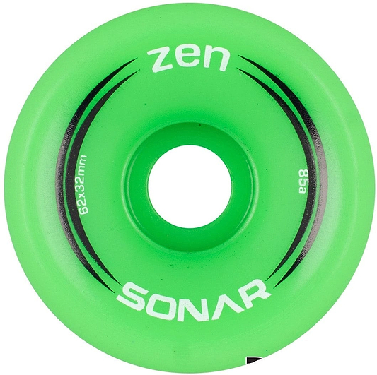 The Radar Sonar Zen 85A Quad Roller Skate Wheel is an affordable and vibrant green option, featuring "Zen" and "Sonar" printed in white. This wheel measures 62x32mm and has a durometer rating of 85a, with sleek black decorative lines curving around the center hole. It is ideal for those seeking quality Sonar Quad Skate wheels.