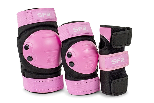 The SFR Youth Ramp Triple Skate Protection Pad Set in Black and Pink includes knee pads, elbow pads, and wrist guards. Each piece features a pink adjustable strap with the SFR logo prominently displayed on the pads, providing premium protection for young skateboarders. The set offers enhanced safety with durable impact caps and stylish black accents.
