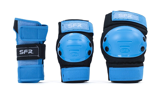 The SFR Youth Ramp Triple Skate Protection Pad Set in black and blue, featuring wrist guards, knee pads, and elbow pads arranged in a row, is perfect for recreational skaters. These pads provide enhanced safety with impact caps.