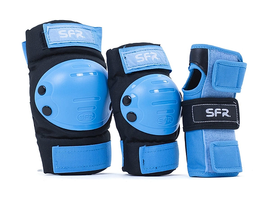 Introducing the SFR Youth Ramp Triple Skate Protection Pad Set in Black and Blue, ideal for recreational skaters. This set includes knee pads, elbow pads, and wrist guards featuring light blue hard shells with impact caps and adjustable straps. The "SFR" logo is prominently displayed on a clean white background.
