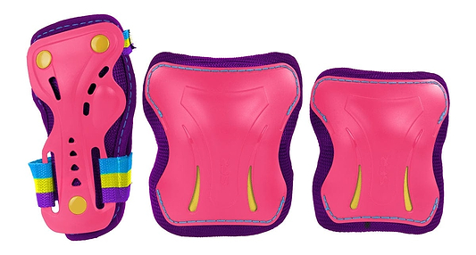 Introducing the SFR Essentials Junior Triple Skate Protection Pad Set - Tropical, a lively and colorful ensemble for skaters. This set includes knee and elbow pads in vivid purple and pink, enhanced by durable impact caps, and accented with yellow and blue straps for a striking tropical design.