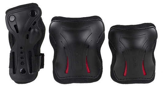 Introducing the SFR Essentials Junior Triple Skate Protection Pad Set - Black: an entry-level protection kit set against a white backdrop. This sleek black gear includes knee pads, elbow pads, and wrist guards with red accents, enhanced with impact caps for added safety. Perfect for young thrill-seekers!