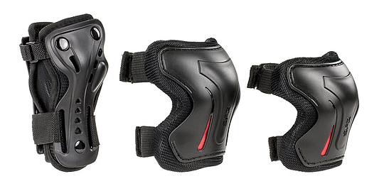 The SFR Essentials Junior Triple Skate Protection Pad Set - Black provides entry-level protection with three black pieces: a wrist guard, an elbow pad, and a knee pad. Each piece includes impact caps, adjustable straps, and sleek red detailing for skating or biking.