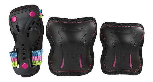 The SFR Essentials Junior Triple Skate Protection Pad Set in Disco Black includes three protective pads with colorful straps. Designed for young riders, it likely features a wrist guard and two pads that can be used as either elbow or knee guards. Each pad is adorned with vibrant pink and blue accents to ensure safety with style.