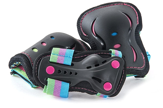 The SFR Essentials Junior Triple Skate Protection Pad Set in Disco Black features two black knee pads with colorful straps showcasing pink, blue, and green accents. Designed for young outdoor sports enthusiasts such as skaters and cyclists, these pads offer impact caps for superior resistance along with soft inner padding to ensure comfort.