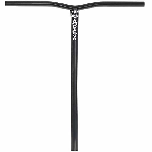 The Apex Bol Steel Oversized HIC Stunt Scooter Bars boast a durable 4130 Chromoly Steel construction in black, prominently displaying the "Apex" brand name and logo on its vertical bar. With dimensions of 610mm x 560mm, these handlebars offer a minimalist and sleek design, enhanced by a stylish powder coat finish.