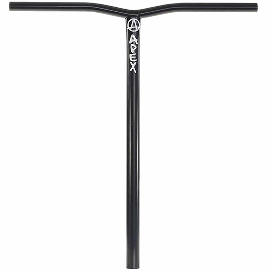 The Apex Bol Steel Oversized HIC Stunt Scooter Bars boast a durable 4130 Chromoly Steel construction in black, prominently displaying the "Apex" brand name and logo on its vertical bar. With dimensions of 610mm x 560mm, these handlebars offer a minimalist and sleek design, enhanced by a stylish powder coat finish.