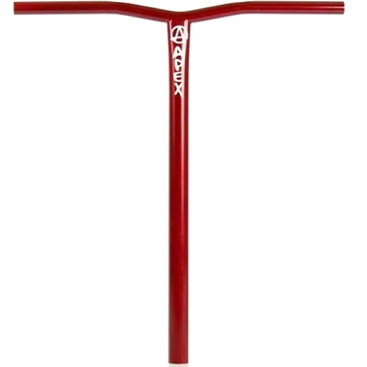 Presenting the Apex Bol Steel Standard SCS Stunt Scooter Bars: expertly crafted from robust Chromoly Steel for enhanced strength, complete with a scratch-resistant finish. The T-shaped design elegantly displays the word "Apex" printed vertically near the center, ensuring these red handlebars are both stylish and durable. Measuring 590mm by 560mm, they offer optimal performance and flair.