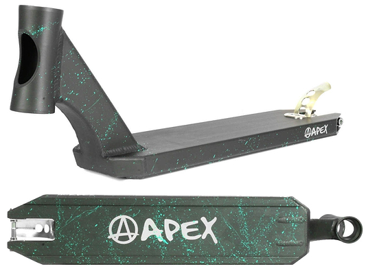 The Apex Pro Black Splash Stunt Scooter Deck - 4.5" x 19.3" boasts a sleek black design accentuated with green speckles, embodying the durability that garners its reputation as the world's best scooter deck. The bold white "APEX" logo is prominently displayed on the side, visible from both a side angle and a top view.