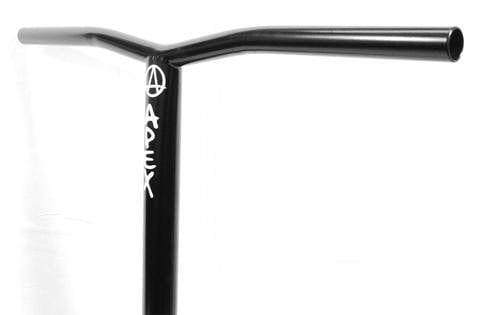 Introducing the Apex Bol XXL Steel Oversized SCS Stunt Scooter Bars in black, measuring 673mm x 560mm. These handlebars showcase a unique Y-bar design, accented by stylish white graffiti-style text along the side. Constructed from robust 4130 Chromoly Steel, they stand out beautifully against a plain white backdrop for an eye-catching appearance.
