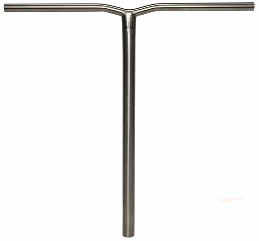 The handlebar, a Madd Gear MGP MFX BAMF Titanium Oversized SCS Stunt Scooter Bar, features a sleek T-shaped design crafted from Grade 9 Titanium to ensure durability and strength. Its smooth finish enhances its sophisticated aesthetic, making it the perfect choice for those seeking high-quality scooter bars without extra grips or features.