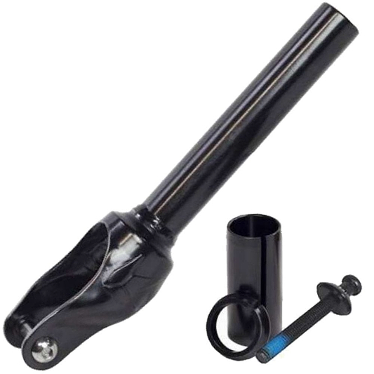A sleek black scooter fork with a long stem from the Blunt Envy Colt series, designed for compatibility with IHC compression, is displayed alongside a bolt, compression ring, and spacer.