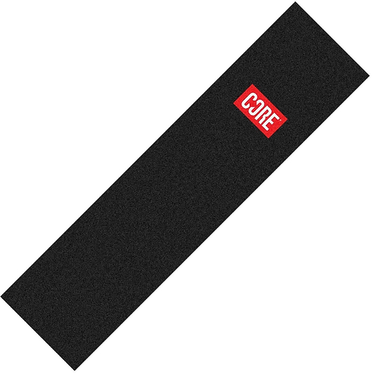 The CORE Classic Stunt Scooter Griptape - Stamp Red Box is a black rectangular grip tape adorned with a red and white "CORE" logo in the corner, ideal for customizing your scooter decks with style. This griptape by CORE provides a striking appearance to your ride while ensuring excellent performance and grip.