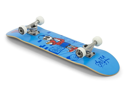 Introducing the Enuff Skully Blue Complete Skateboard - 7.75" x 31.5": a vibrant blue skateboard ideal for entry-level riders. This skateboard features a 7-ply maple deck with graffiti-inspired designs and a cartoon character sporting sunglasses and headphones, complemented by smooth white wheels for an effortless ride.