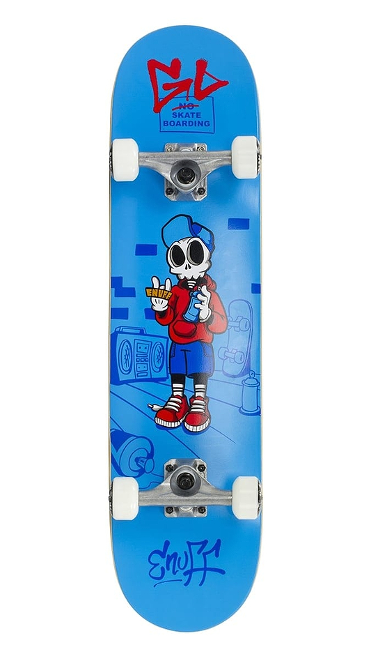 The Enuff Skully Blue Complete Skateboard - 7.75" x 31.5" by Enuff showcases a blue 7-ply maple deck decorated with a cartoon character wearing a cap and hoodie, making a peace sign. Ideal for beginners, it features gaming elements and graffiti-style writing for an edgy skateboarding experience.